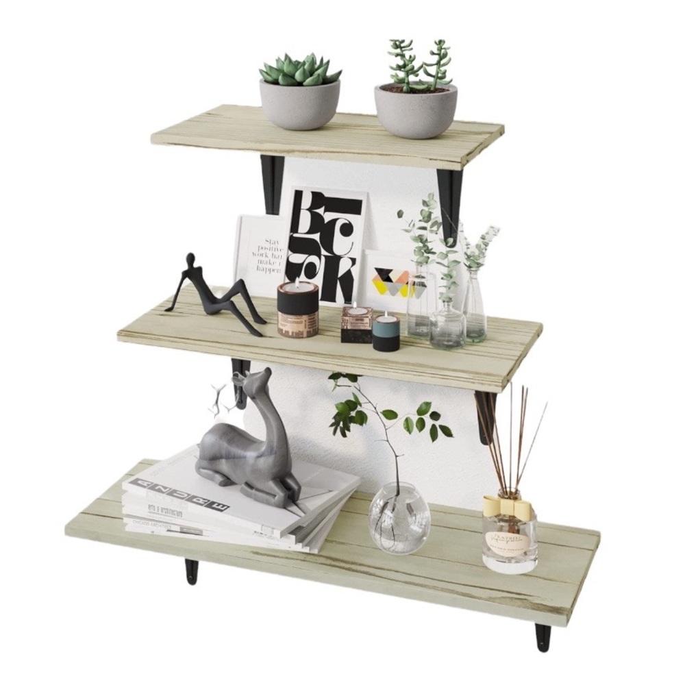 NEW! Floating Wood Shelves Wall Storage Set of 3 Varying Sizes Carbonized Green